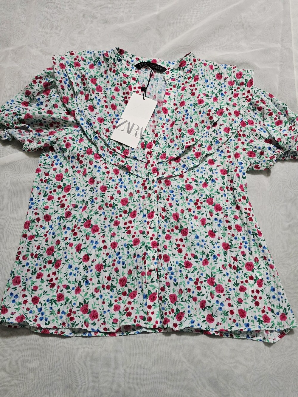 Zara White Pink Green Rose Floral Ruffled Blouse Top Button Down